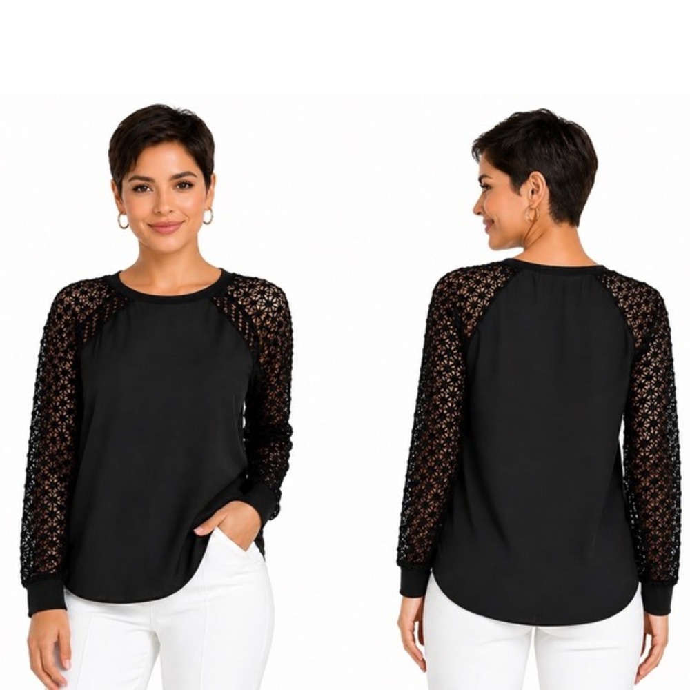 LOFT Ann Taylor Black Crochet Lace Long Sleeve Blouse Top XS Preppy Chic 62-32